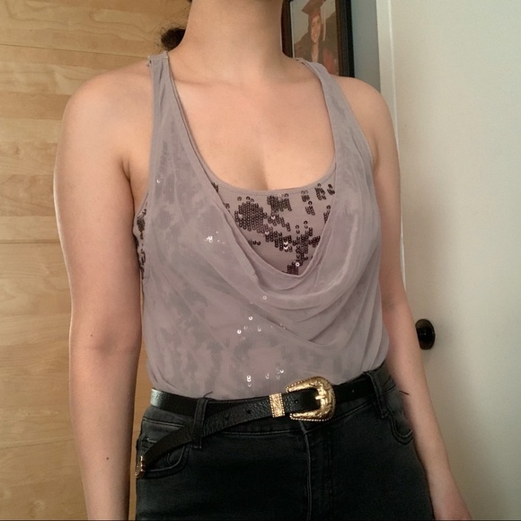 GUESS Sequin Cowl Neck Chiffon Embellished Blouse - Picture 2 of 12
